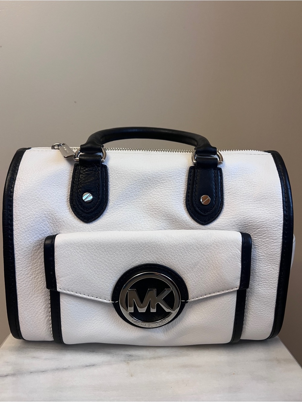 Michael Kors Margo White and Black Leather Logo Satchel